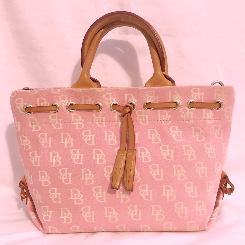 Vintage Dooney & Bourke East/West Tassel Shopper Pink Signature Monogram Print